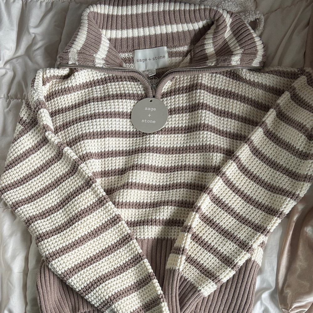 Women's Turtleneck Sweater - Cream and Brown Stripes
